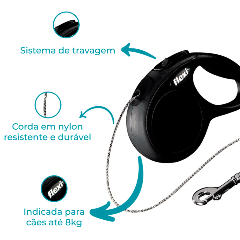 Guia Retrátil Flexi Classic 3m Preta Cães até 15kg
