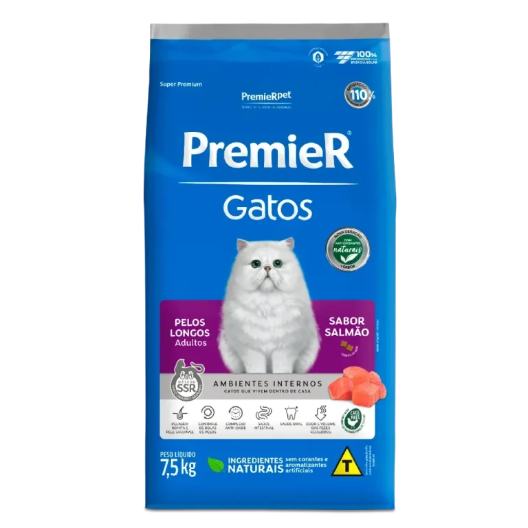 Ração Premier Gatos Adultos Pelos Longos Salmão 7.5kg