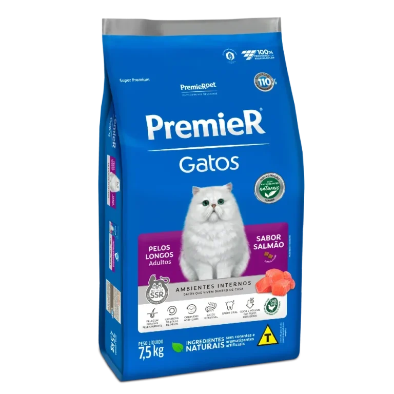 Ração Premier Gatos Adultos Pelos Longos Salmão 7.5kg